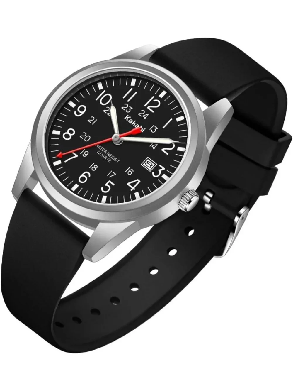 Mens Black Silver Comfortable Silicone Strap Unisex Military Analog Casual Watch